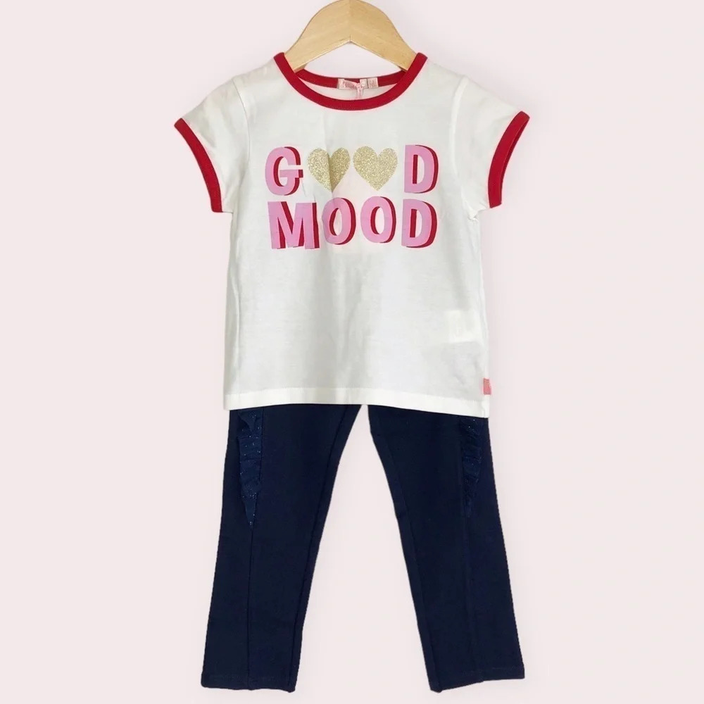 NWT Billieblush matching set heart‎ ringer t-shirt and navy pants size 3 years